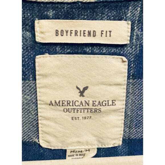 American Eagle Top Womens Medium Blue Distressed Chambray Plaid Boyfriend Fit - Picture 4 of 7